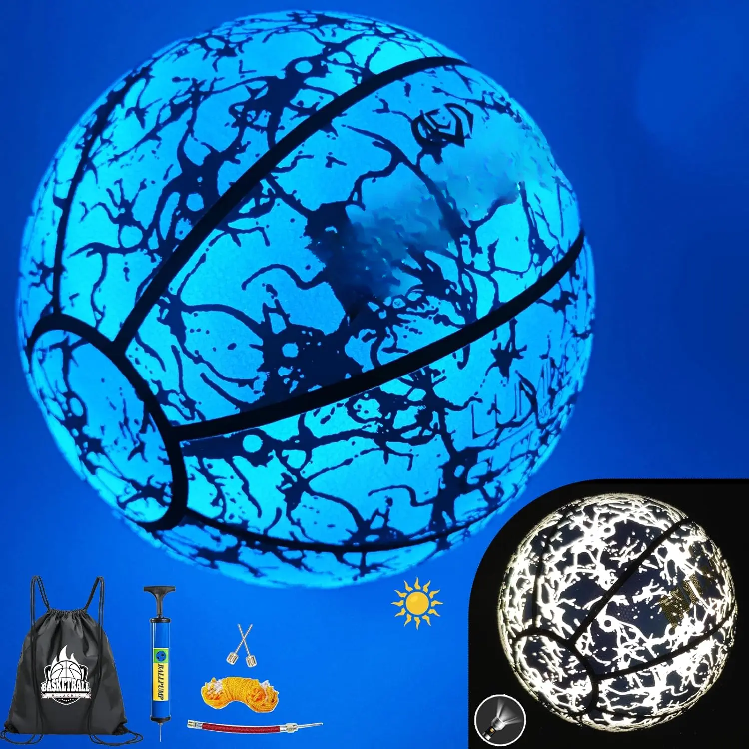 Luminous Glow-in-the-Dark Holographic Official Size 7 Basketball - 29.5in Leather Ball, All-Season Indoor/Outdoor Use, Includes Inflation Pump