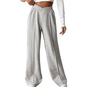 Wide Leg Sweatpants Women High Rise V Crossover Wasit Baggy Sweat Pants Elevated Seams Loose Athletic Joggers with Pockets,Light Grey - XL