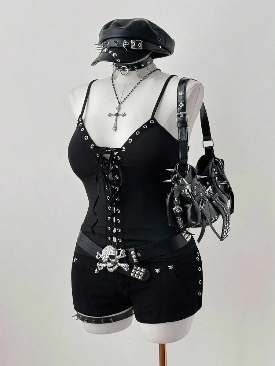 Dark Goth Style "Vacation" Eyelet Lace-Up Decor Tank Top