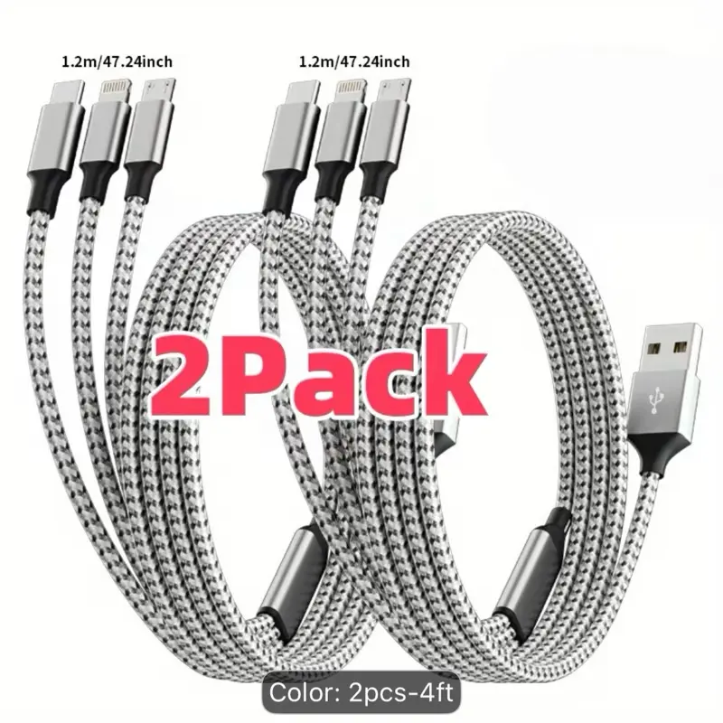 2pcs 1.2M/ 4Ft Nylon Braided 3In 1 USB Charging Cable with Type-C, Micro USB, Port for Most Phones/ Iphones/ Tablets
