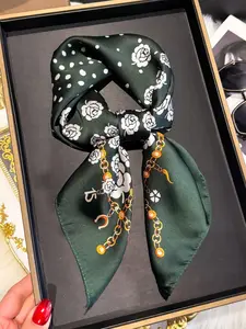 Women's Ditsy Floral Print Bandana, Boho Style Chain Decor Scarf for Women & Girls, Fashion Accessories for Daily Wear, Trendy All-match & Exquisite Scarf for Birthday Gift