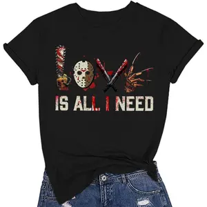 Essential Love Halloween Squad Tee for Women Featuring Spooky Horror Movie Graphic Short Sleeve Top