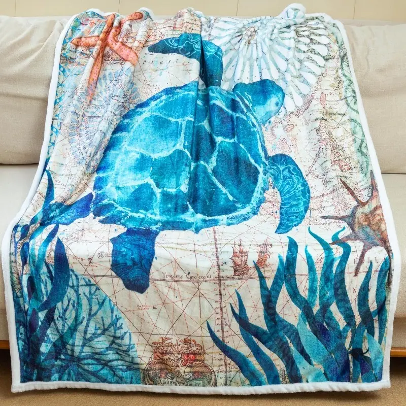 Sea Turtle Print Throw Blanket 50x60 Inches Blue Ocean Themed Home Decor, Suitable For Kids And Adult Turtle Lovers