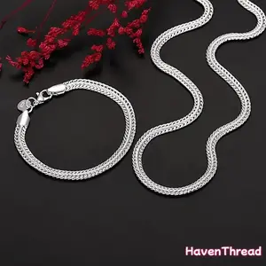 Fine 925 Sterling Silver 6MM Geometry Bracelet Neckalce Jewelry Sets for Women Man Luxury Fashion Party Wedding Accessories