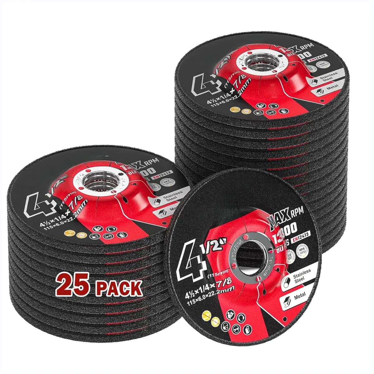 25-Pack 4.5-Inch Aluminum Oxide Depressed Center Grinding Wheels, General Purpose Angle Grinder Discs for Metal Grinding & Stainless Steel, 1/4 x 7/8 in Sizing