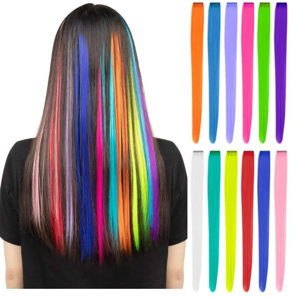 Women's Clip-in Hair Extensions, 12 Pcs 22-Inch Long Straight Colored Synthetic Hair, Heat Resistant Fiber for Party Highlights, Hair Extension, Colored Hair Extensions