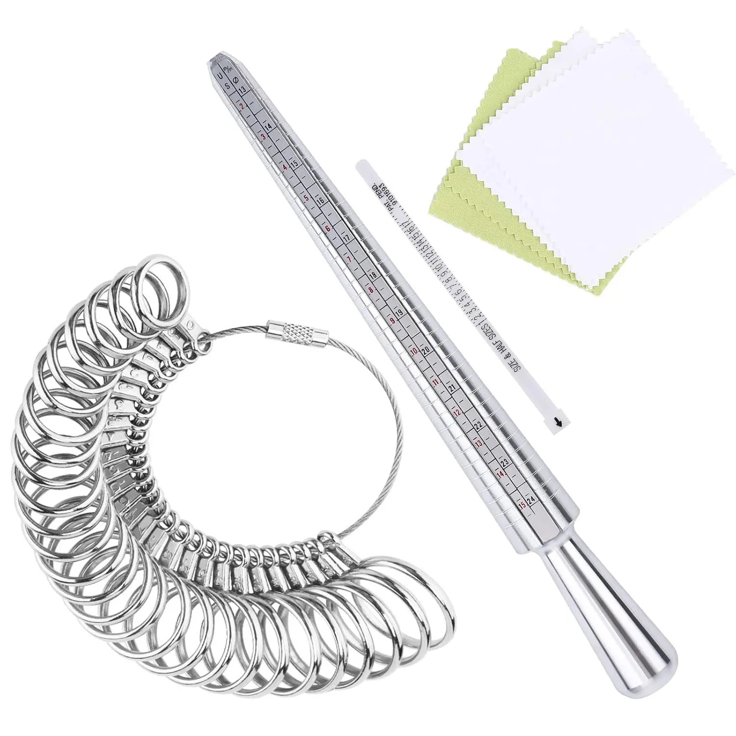 Ring Sizer Measuring Tool Set | 4-Size Aluminum Ring Mandrel, 27 count Metal Ring Measurement Tool, Gauge & Polishing Cloth,   Sizing Kit for Women & Men