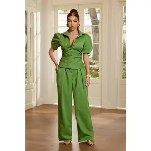 MODERN MUSE PUFF SLEEVE TAILORED PANTS SET - Tailored Pants Set for Women - Elegant Two Piece Outfit Fashion Style