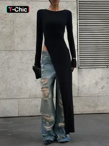 Women's Plain Asymmetrical Split Hem Boat Neck Dress, Casual Long Sleeve Dress for Spring & Fall, Women's Clothing for Daily Wear, High Slit Dress