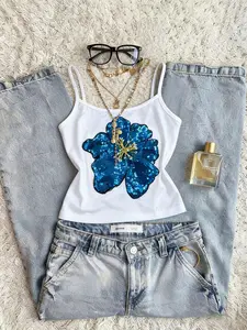 Fashion Women's Summer Y2K Sequin Flower Strappy Tank Top, Music Festival Party Beach Resort Style, Versatile Inner Outer Wear