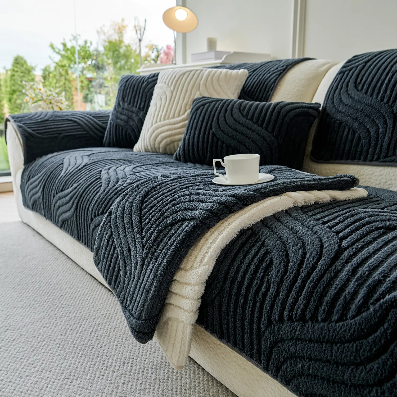 1pc 3D Wave - Textured Plush Sofa Cushion, Anti - slip & Wear - resistant + Skin - friendly & Soft, Fits Single - to Multi - seat Sofas, Ideal for Home Decoration & Comfort Texture, Indoor Sofa Cushions, Sofa Couch Covers
