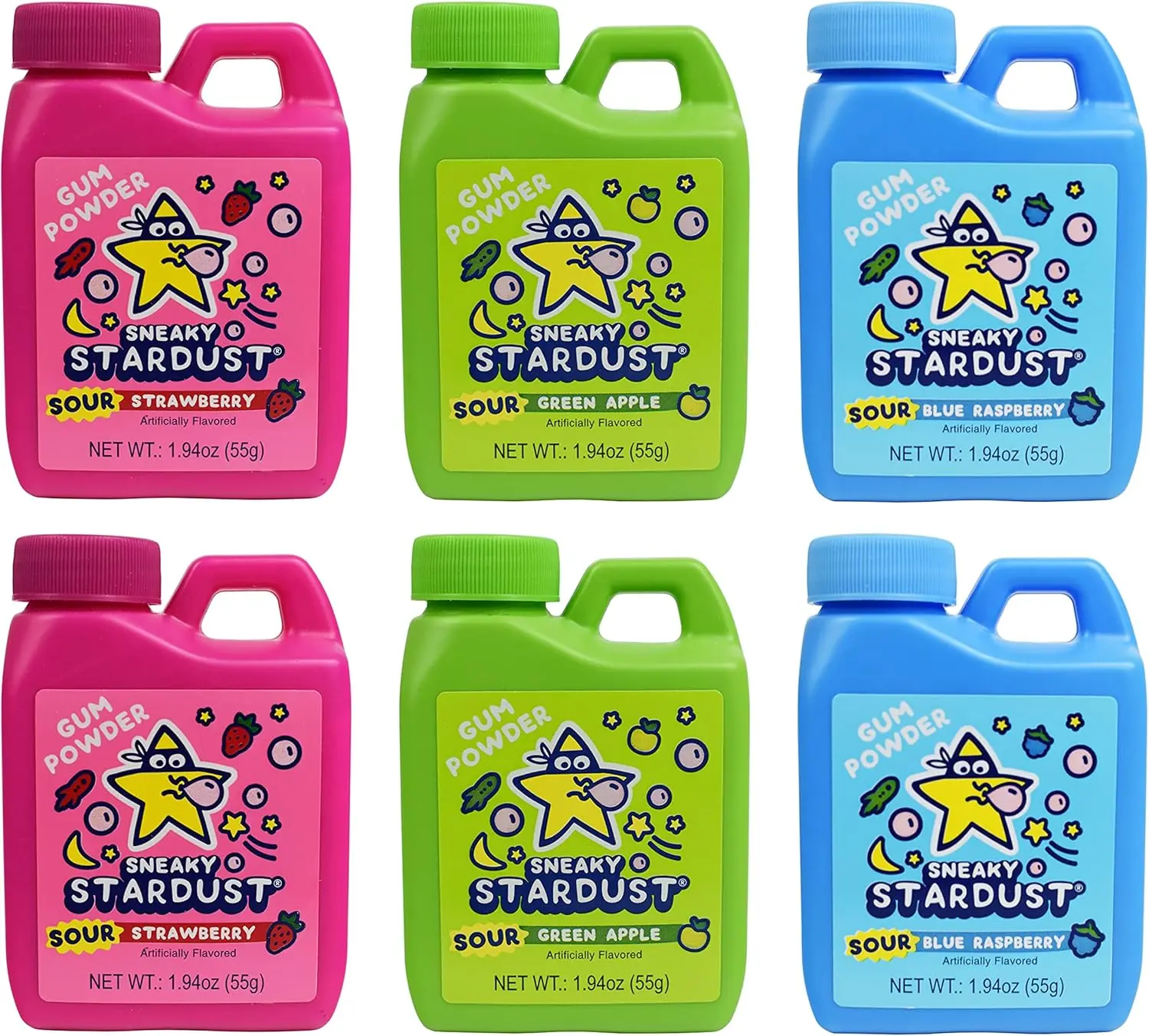 Kidsmania Set of 6 Assorted Sneaky Stardust Magical Morphing Gum Jugs - Transforms From Powder to Gum in Mouth