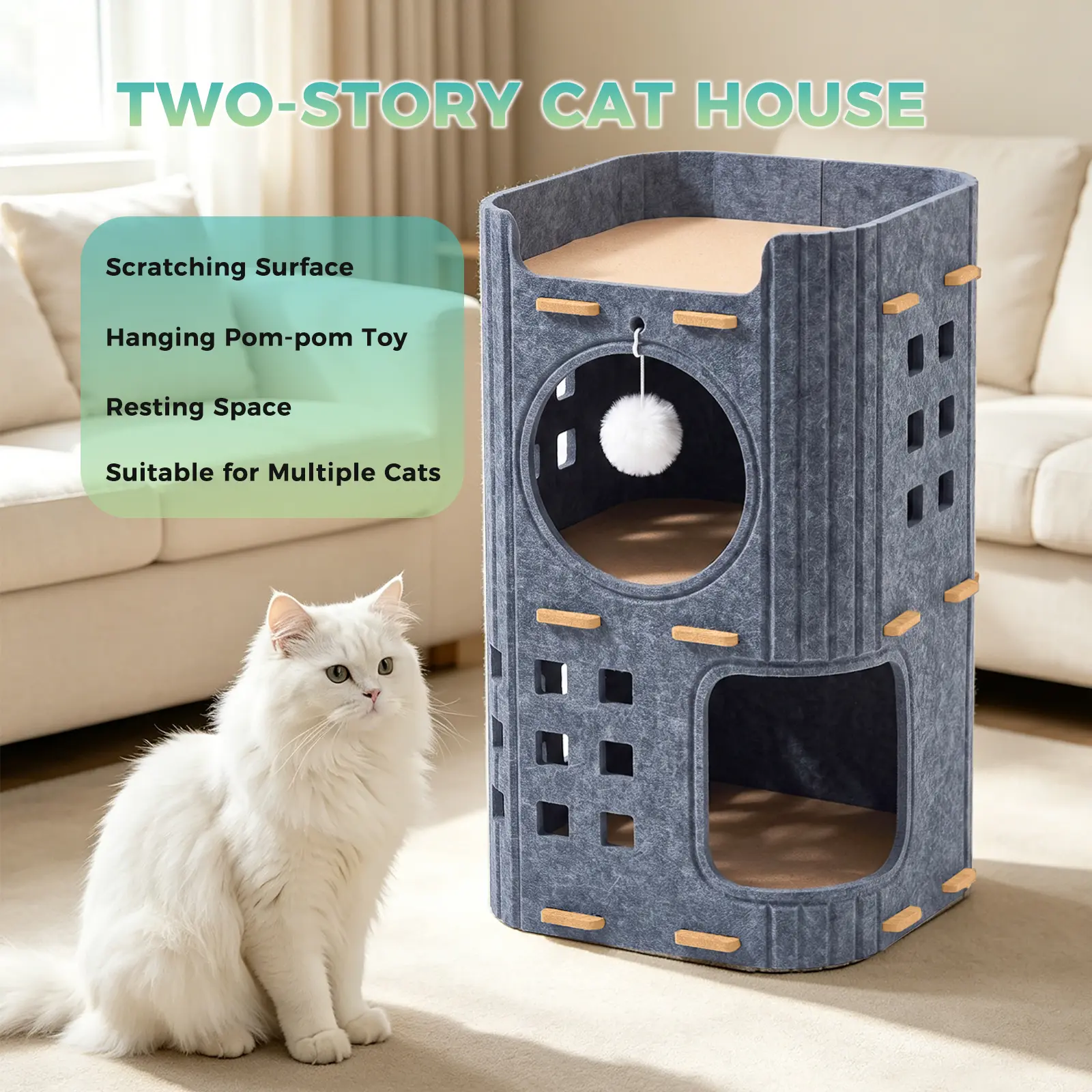 Double-Decker Indoor Cat Bed - Semi-Enclosed Cozy Cave, Seamless Felt Pet Furniture for Cats
