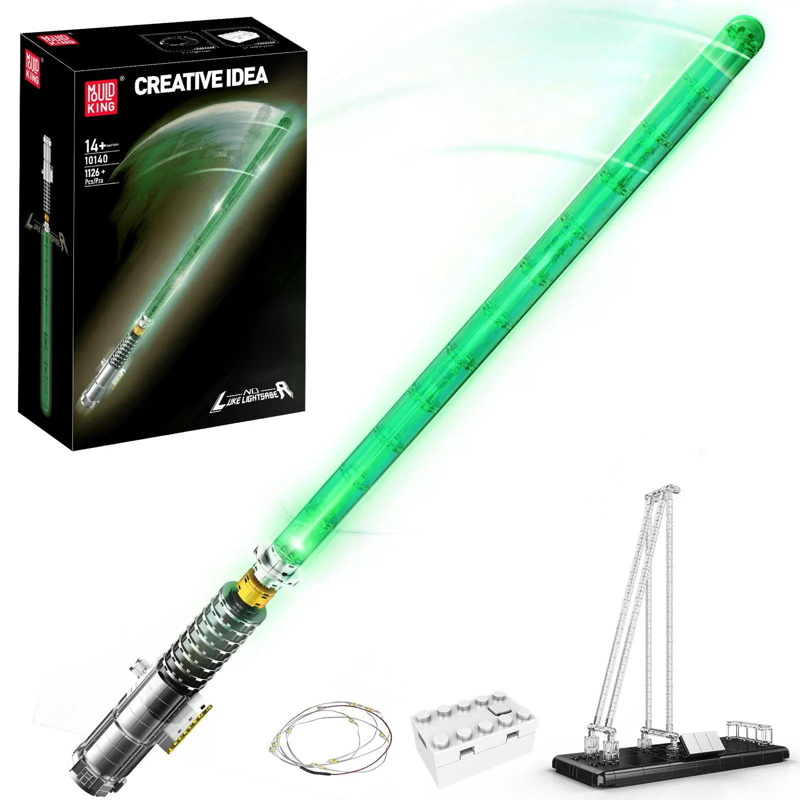 Mould King 10140 Light Up LED Lightsaber Building Block Set, Green Fluorescent Glowing Sword, 1089 Pcs Toy for Adults & Kids, Anime Cosplay Gift, Light Up Sword, Led Sword