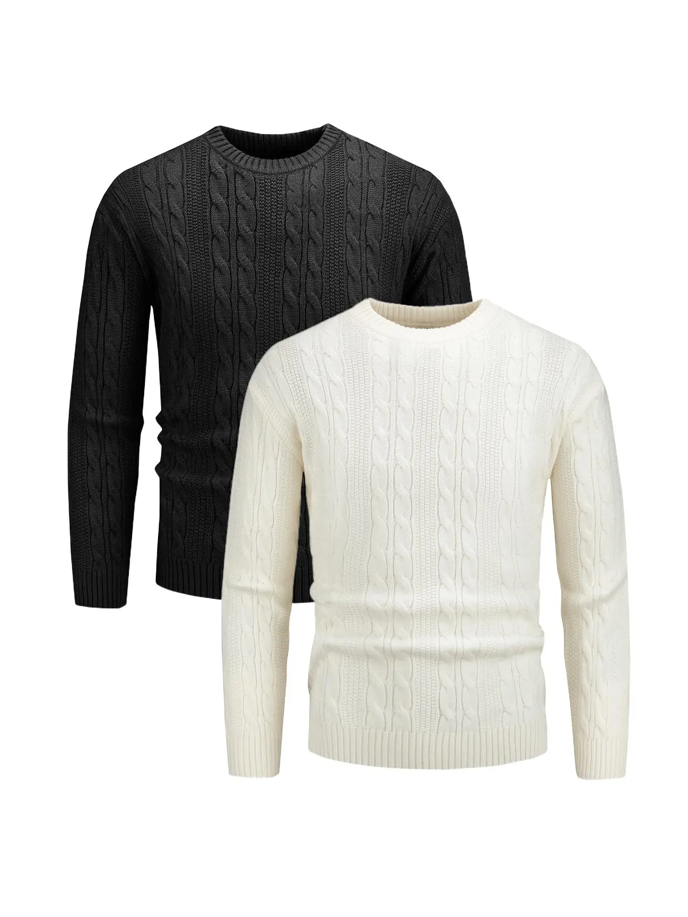 Men's Solid Cable Knit Crew Neck Sweater, Regular Fit Casual Long Sleeve Jumper for Fall & Winter, Men's Knitwear for Daily Wear