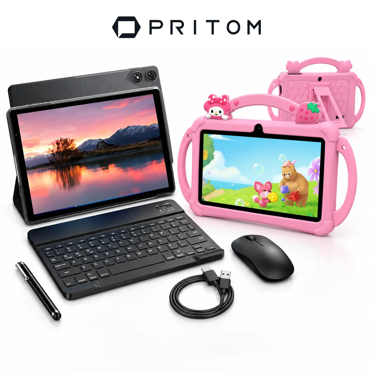 PRITOM Family Tablet Bundle 10 Inch Android 16 Tablet with Keyboard Mouse Stylus and Protective Case Plus 7 Inch Kids Tablet 4GB Memory 32GB Storage WiFi Dsual Camera Strawberry Silicone Case