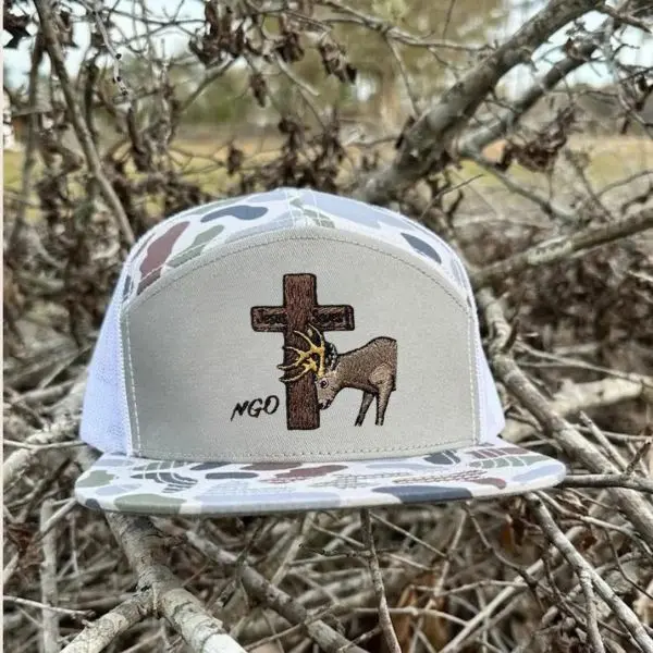 Christian Deer Cross Trucker Hat | Embroidered Deer Antler Cross 7 Panel Mesh Snapback, Hunting Gift for Men