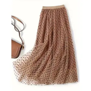 Women’s polka dot print pleated A-line skirt with contrasting mesh tape, an elegant and fashionable casual skirt suitable for daily wear, vacations, and the beach—women’s summer wear GARMENTARY