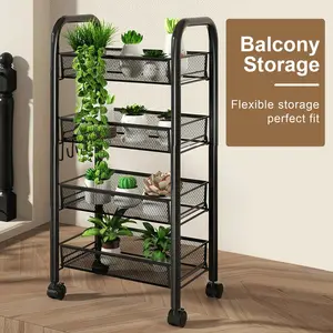 3/4/5-Tier Metal Rolling Utility Organizer Cart, 360° Smooth-Glide Rotatable Wheels, Brown Wood-Top Mesh Baskets, Large-Capacity Storage Racks for Kitchen, Bathroom