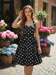 Retro Stage 1950s Vintage Polka Dot Halter Dress for Women A-line Silhouette valentine's Day with Bow Detail & Flared Skirt Casual Everyday Wear