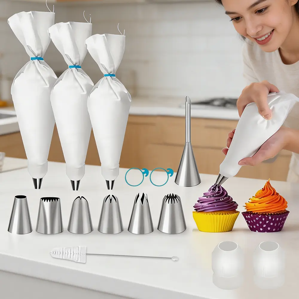 15PCS Reusable Piping Bags And Tips Set 3pcs 14/16/18 Inch Pastry Bags, 7 Piping Tips, 2 Couplers, 2 Rings & Cleaning Brush, for Cake Decorating, Cupcakes, Cookies, Home Bakers, Chefs