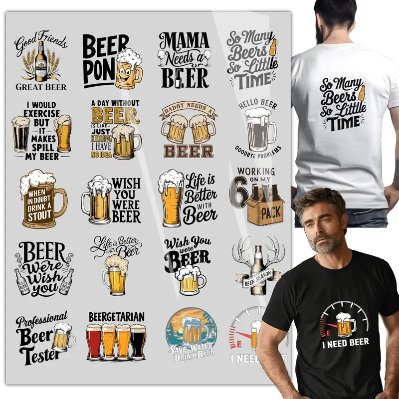 20 Sheets Beer Lover Iron on Transfers, DTF Transfers Ready to Press, Funny beer pattern for T-Shirts, Canvas Bag, Pillow, Hoodie DIY Crafts Gift for Dad