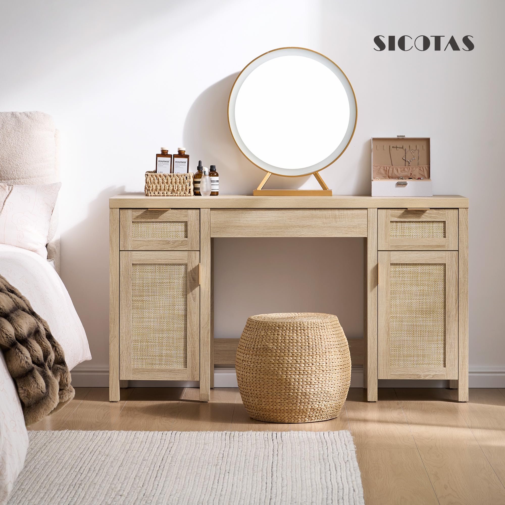 SICOTAS Rattan Vanity Home Office Desk - 52" Large Farmhouse Boho Makeup Vanity Dressing Table with 3 Drawers & 2 Storage Cabinets, Vanities Desk for Makeup Room,Bedroom, Home Office