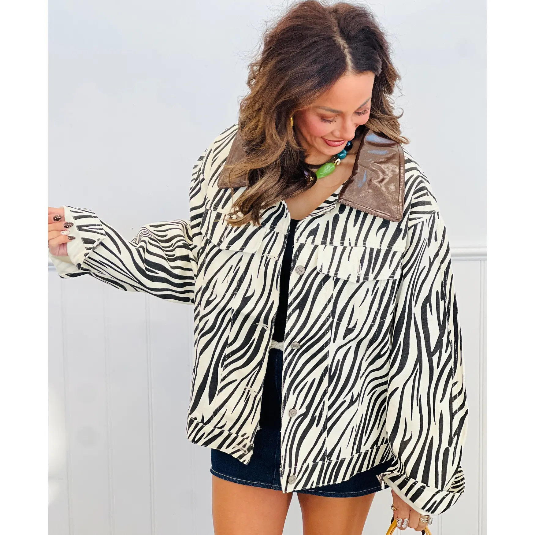 Zebra Print Faux Leather Collar Jacket (Reg.)