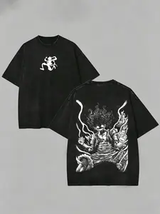 Vintage Washed Distressed Oversized Anime Tee, Retro Sun God Nika Streetwear Top for Men Women, Anime Lover & One Piece Fan Gift Shirt
