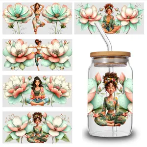 5 Sheets Floral Yoga UV DTF Stickers Cartoon UV DTF Transfer Sticker for Water Cup Glass Bottle Glass Jar, Cup Wrap Sticker, Cartoon Decal, Waterproof Decorative