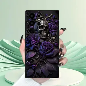 New High-end Design Purple Rose Skull Pattern Angel Eye Frosted Material All-round Protection Anti-fingerprint Effect Black TPU Soft Mobile Phone Case with Lens Protector for  20FE S21FE S23FE  Gift for Friends Women Men Cover Protective