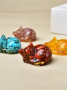 Natural Crystal Stone Sleeping Cat Statue, 1 Count Reiki Stone Figurine, Amulet Fengshui Sculpture for Home Office Decoration, Crystal Carvings