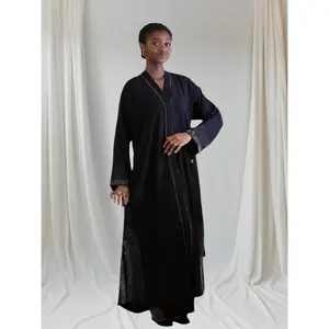 Ayesha's Collection Turkish Abaya Women's Modest Maxi Dress with Long Sleeve Black Soft Comfortable Nida Fabric Rhinestone Detailing V-Neck Design