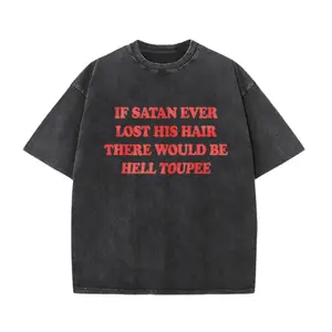 Vintage Washed Black Unisex T-Shirt – Humorous Satan Pun Typography, Oversized Fit for Outdoor Streetwear & Edgy Aesthetic