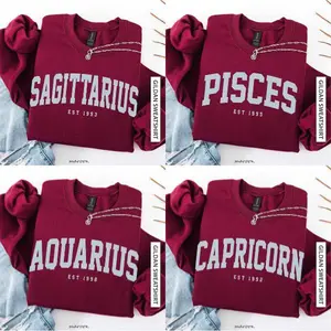(LEAVE A NOTE OR DM SHOP) Personalized Zodiac Sweatshirt with Custom Year - Maroon, Astrology Crewneck Pullover, Cute Horoscope Gift, Unisex Star Sign Birthday Outfit for Zodiac Lovers - AG