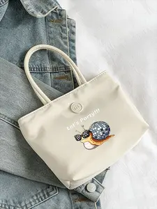 Whimsical Disco Snail Tote Bag - Off-White Canvas Handbag with Button Closure, Features Playful "Let's Party!!!" Graphic and Cute Snail Design, Perfect for Shopping, Beach, or Casual Outings, Stylish Tote Bag