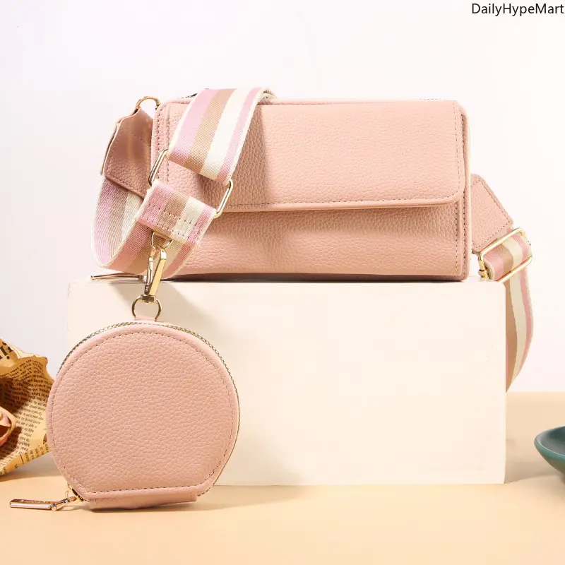 DailyHypeMart Women's 2-in-1 Faux Leather Adjustable Crossbody Clutch Bag - Crossbody Handbag, Fashionable Casual Bag, Romantic Glamorous Style, Cute Coin Purse, Pink Striped Shoulder Strap, Zipper Closure, Faux Leather Crossbody