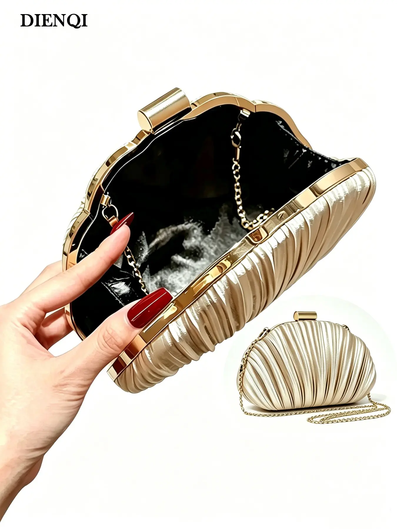 Pleated Satin Shell Evening Clutch, Fashion Clutch, Wedding Clutch, Luxury Hard Frame Purse, Glamorous Handbag for Bridal, Cocktail Parties & Special Occasions