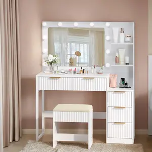 43-inch stylish vanity set with mirror and built-in makeup table, equipped with adjustable LED lights, includes 11 three-color bulbs, 5 drawers, suitable for girls' bedroom or dormitory, white/black