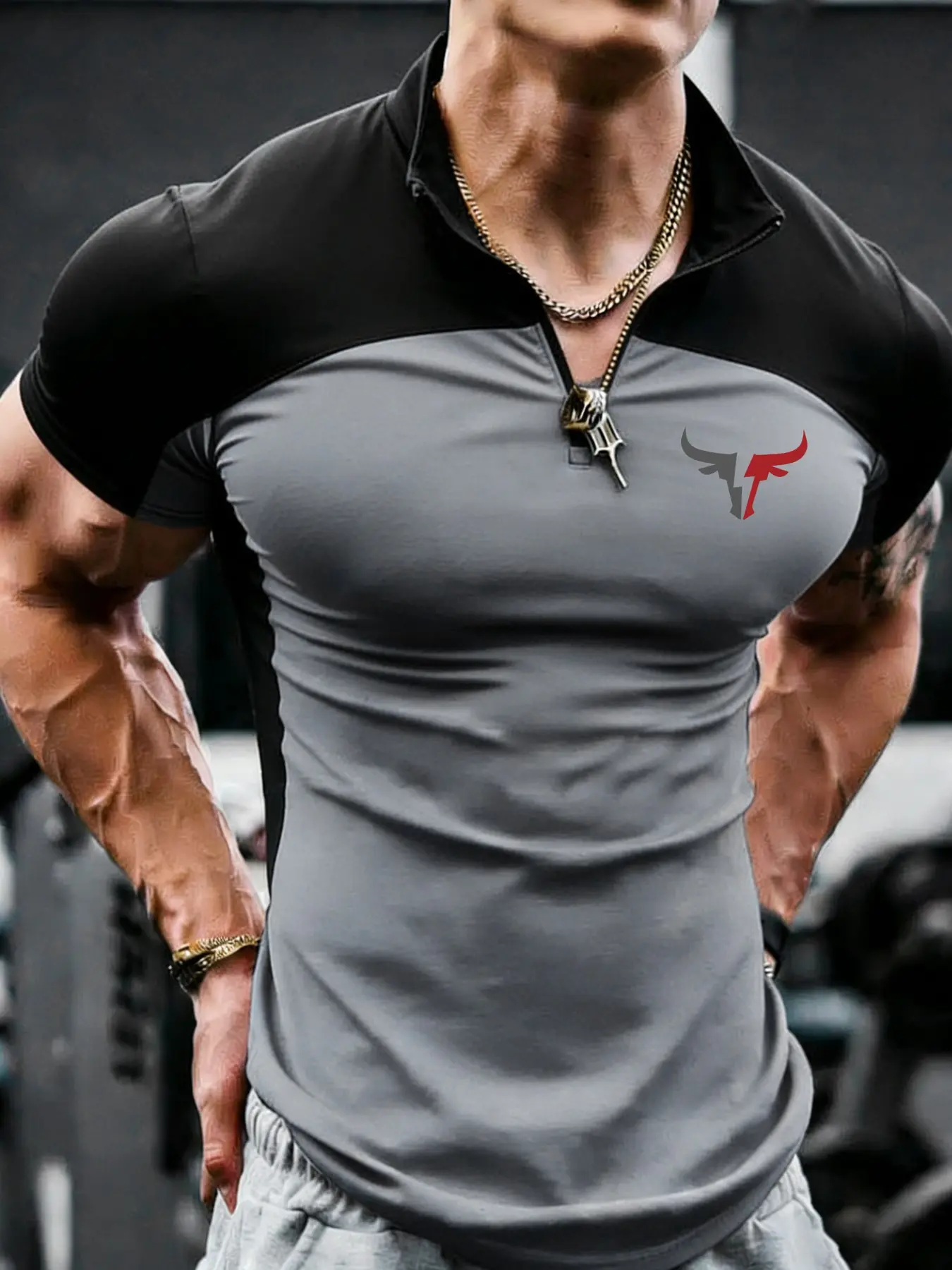 Men's Fitness Polo Shirt, Colorblock Half-Zip Stand Collar, Bull Horn Totem Print, Moisture-Wicking Quick-Dry Compression Fit