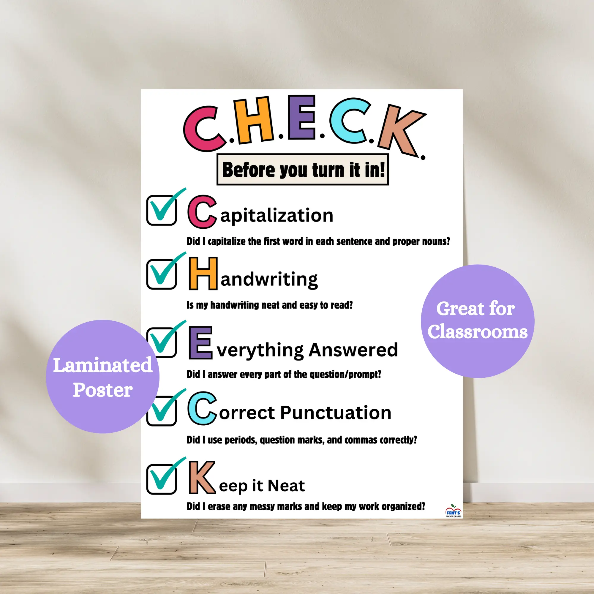 Check Before you Turn it In Anchor Chart | Laminated Classroom Poster | Writing Checklist | ELA Classroom Decor | Editing and Revising Anchor Chart