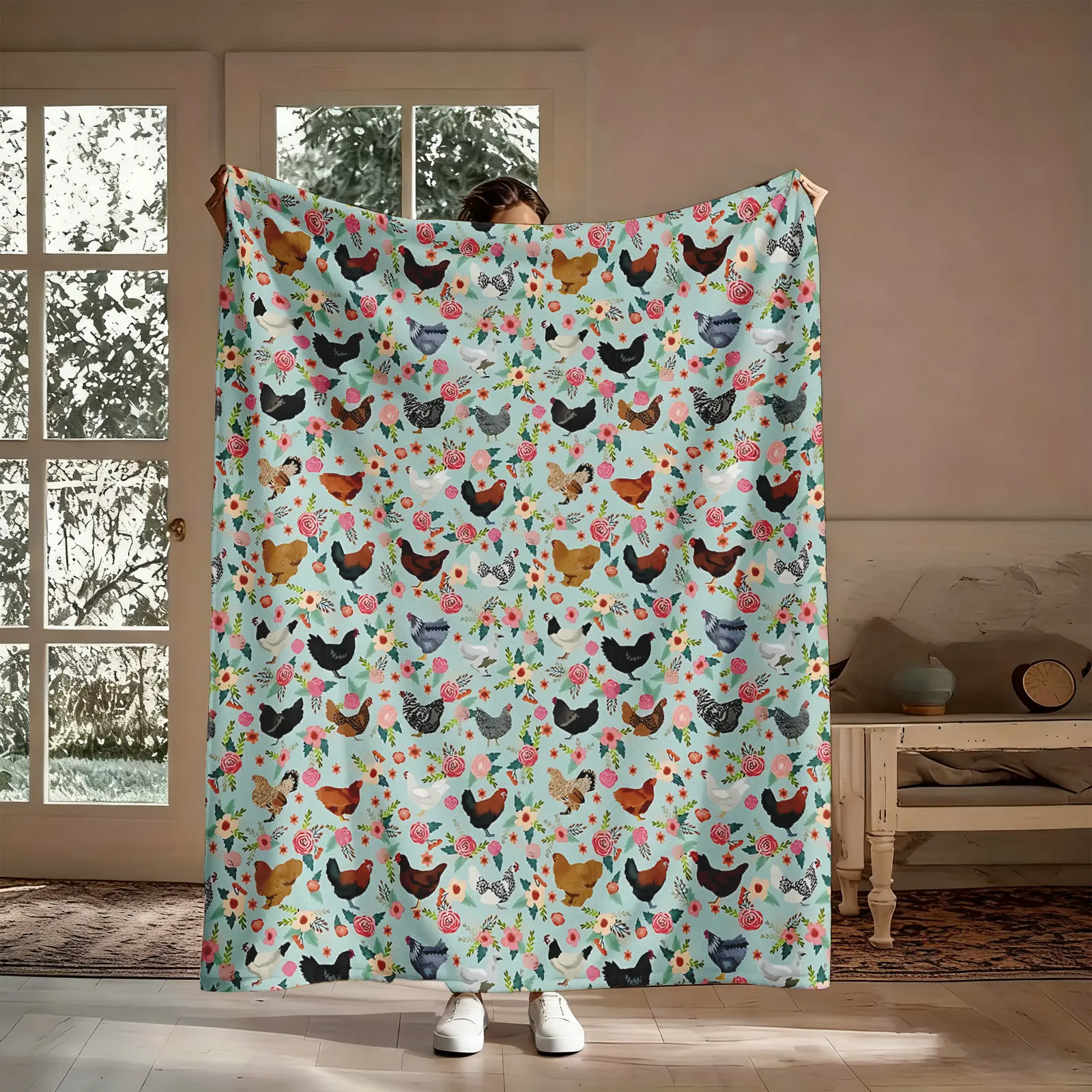 Cottagecore Cartoon Chicken Flannel Throw Blanket - Flower, Animal Artwork, Bird Motif, Bohemian Style Designs, Soft Cozy Warm, for Couch Bed, Farmhouse Lovers Gift, Rustic Whimsical Aesthetic Decor, Flower Blankets, Animal Artwork Blankets