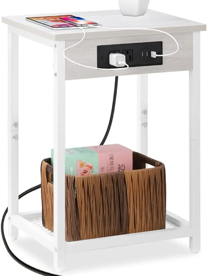 Modern White Compact Metal Iron End Table with Charging Station - USB Ports, AC Outlets - Multi-Functional Space Saving Furniture Nightstand for Bedroom, Living Room