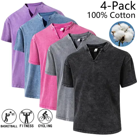 Men’s 100% Pure Cotton Classic Short-Sleeve V-Neck Tee, Vintage Washed Unisex Couples’ Base Layer Streetwear Clothing, Suitable for Everyday Wear & Outdoor Sports
