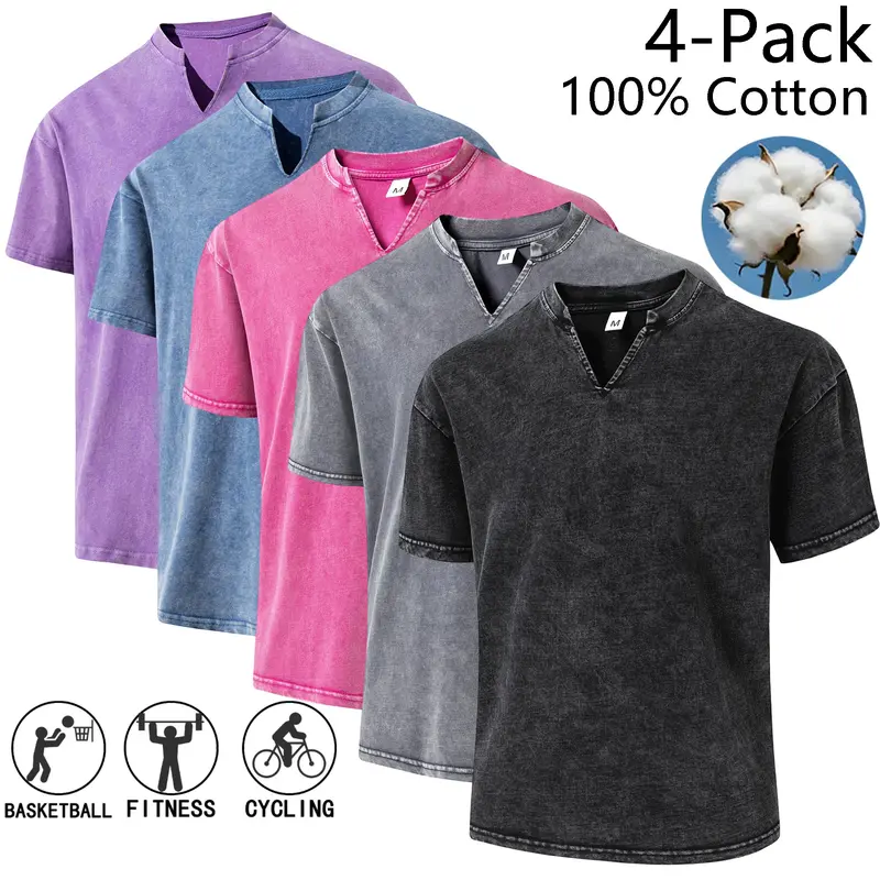 Men’s 100% Pure Cotton Classic Short-Sleeve V-Neck Tee, Vintage Washed Unisex Couples’ Base Layer Streetwear Clothing, Suitable for Everyday Wear & Outdoor Sports