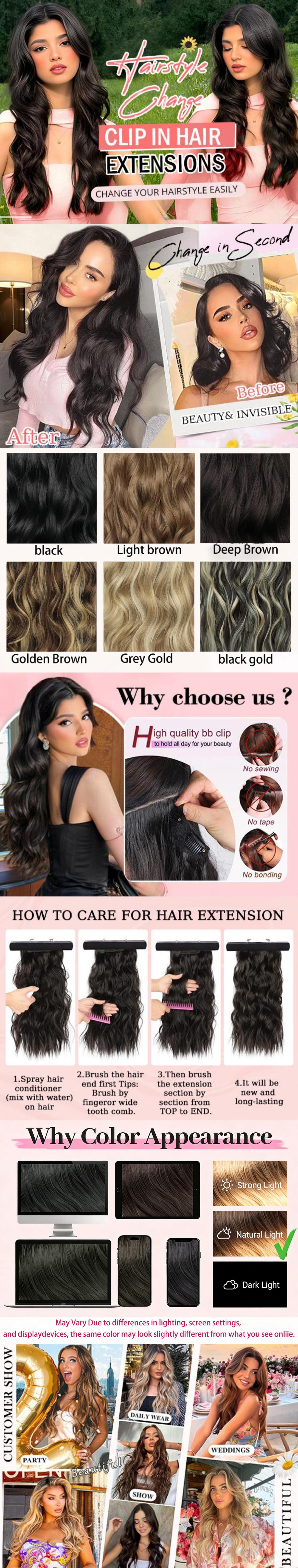 [Plodon] 24/20/16 inch 1-piece 4-clip hair extension — Concealed hairline filling, double braided for a smooth, non-bulging look, quick styling before heading out.