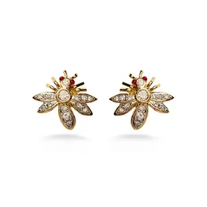 Imperial Russia Jeweled Bee Earrings - Gold Finish Pewter with Austrian Crystals & Rubies - 5/8" High - Gift Box Included