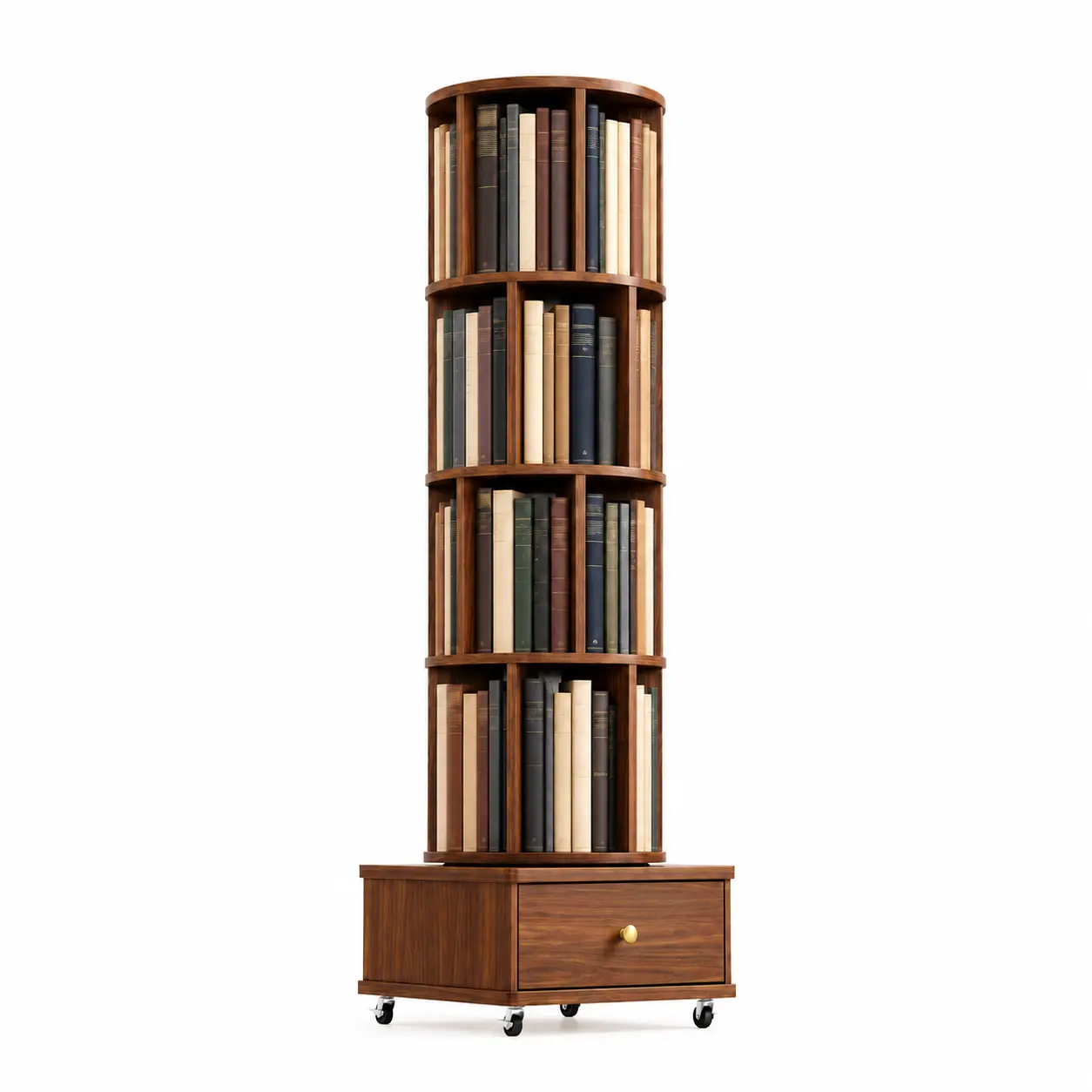 360° Rotating Bookshelf Tower with Storage Drawer and Lockable Wheels, 2–4 Tier Freestanding Wooden Spinning Bookcase, Space-Saving Vertical Book Storage Organizer for Bedroom, Living Room, Small Apartment, Home Office, Study and Reading Nook