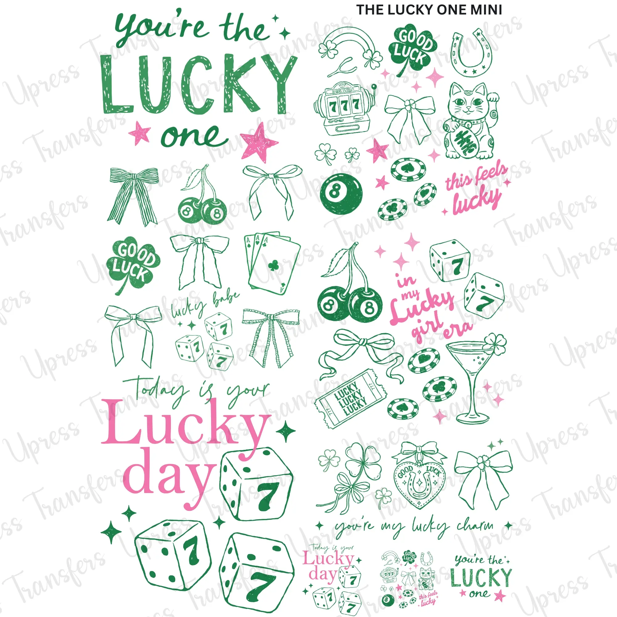 The Lucky One Mini DTF Transfer Gang Sheet 24.5" Wide x 36" Long Direct To Film Trendy Vibrant Designs for Stylish Wardrobe