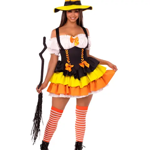 Leg Avenue Women's Creepy Cute Tiered Candy Corn Witch Costume - Fitted Halloween Party Outfit, Striped Legwear, Drip Dry Cotton Fabric, Witchy Clothes with Hat, Halloween Costume Ideas for Women